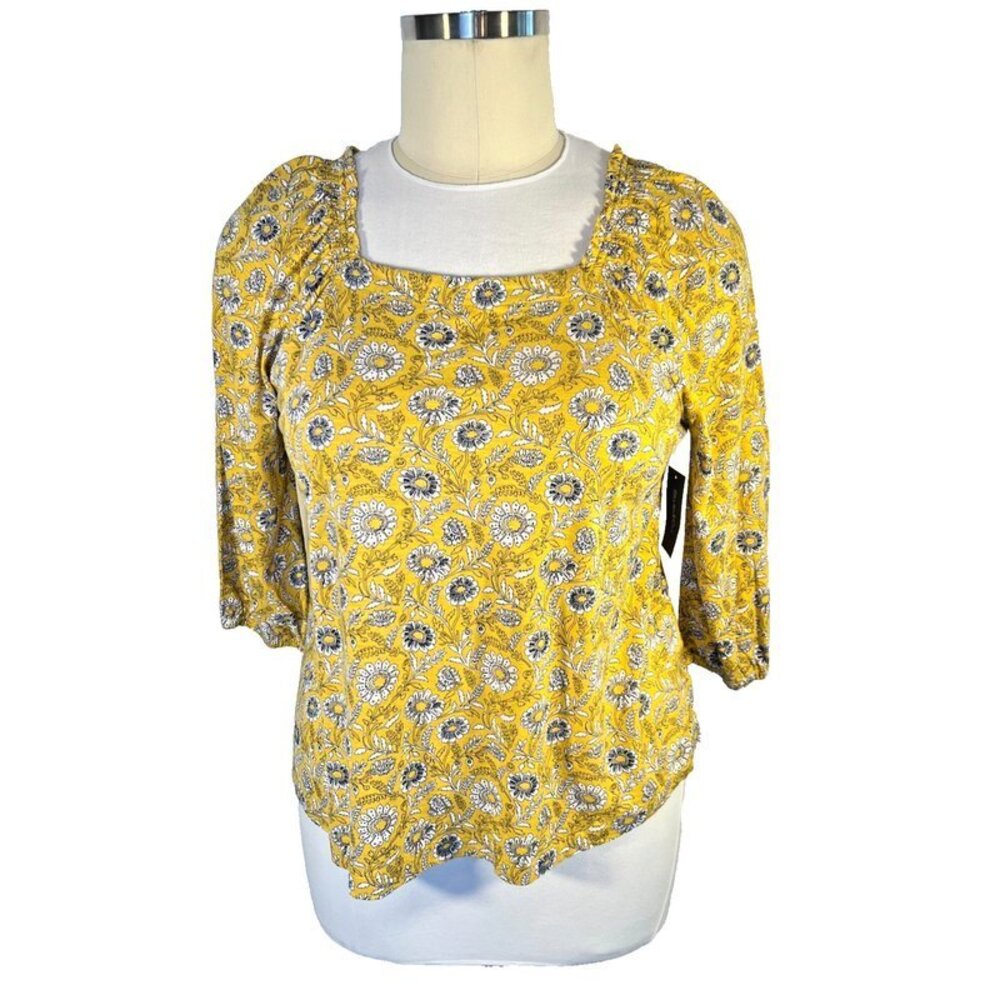 Style & Co Blouse Women's L Cottage Floral Chintz Square Neck 3/4 Sleeve Gathers